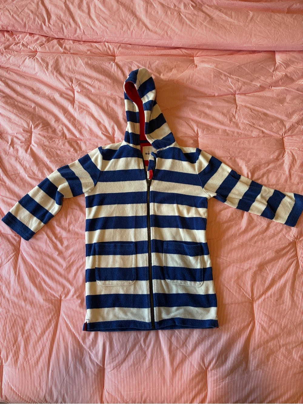 Boden Kid Hooded Full Zip Terry Pool & Beach Coverup - Navy, White & Red